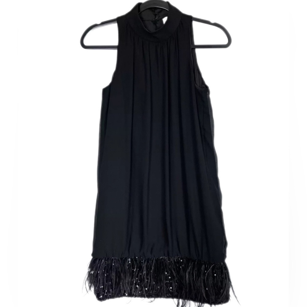 Badgley Mischka Dress Sz XS Black Crepe Silk Mini Halter Sequin Feather Hem EUC